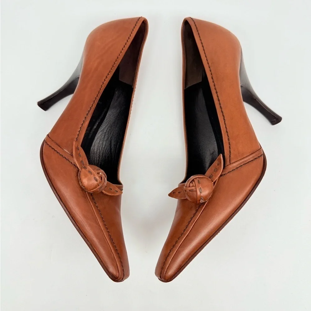 Prada Vintage Brown Leather 3D flower appilique square toe 100mm pumps EU37